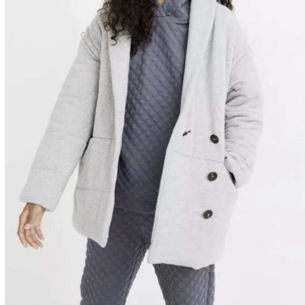 Madewell Heather Grey Sweatshirt Puffer Coat. Shawl-Collar Front Button. Size L - Picture 4 of 8